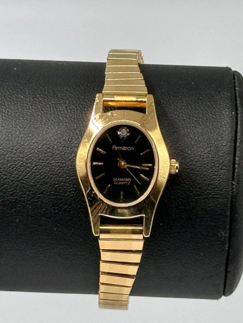 Armitron Watch Women Gold Tone Black Oval Dial Stretch Band New Battery 6